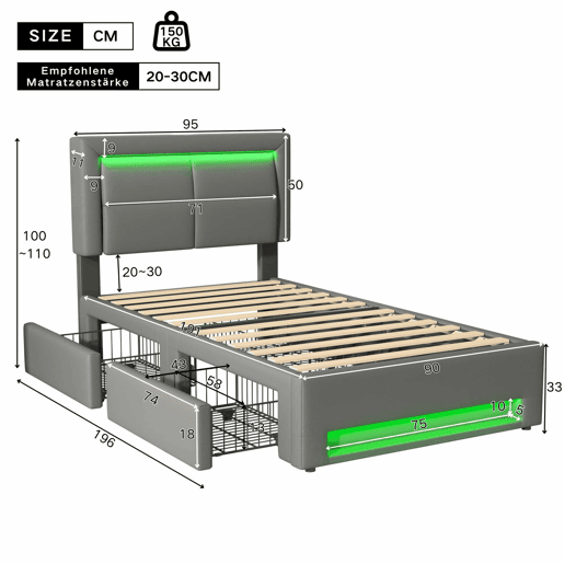 Cama estofada 90x190 cm - com porta USB, carregamento sem fios e com fios, LED e quatro gavetas - Cinza Cama estofada 90x190 cm - com porta USB, carregamento sem fios e com fios, LED e quatro gavetas - Cinza