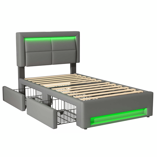 Cama estofada 90x190 cm - com porta USB, carregamento sem fios e com fios, LED e quatro gavetas - Cinza Cama estofada 90x190 cm - com porta USB, carregamento sem fios e com fios, LED e quatro gavetas - Cinza