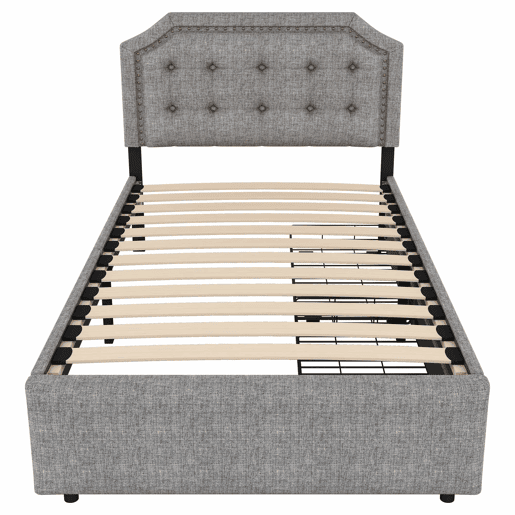 Cama estofada em tecido de linho com 2 gavetas - 90x200 cm - cabeceira decorada com rebites - Cinzento