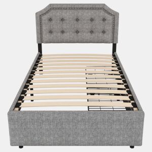 Cama estofada em tecido de linho com 2 gavetas - 90x200 cm - cabeceira decorada com rebites - Cinzento