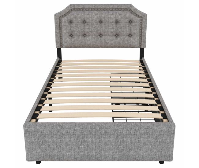 Cama tapizada en tela de lino con 2 cajones - 90x200 cm - cabecero decorado con remaches - gris