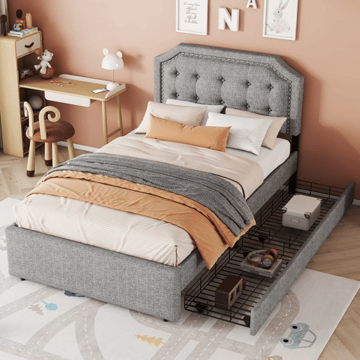 Cama estofada em tecido de linho com 2 gavetas - 90x200 cm - cabeceira decorada com rebites - Cinzento