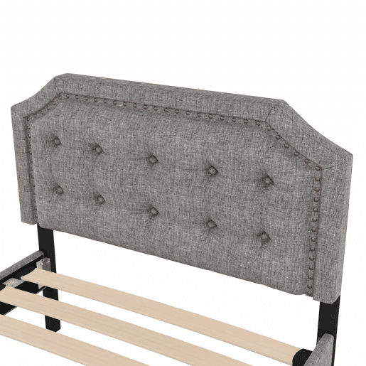 Cama estofada em tecido de linho com 2 gavetas - 90x200 cm - cabeceira decorada com rebites - Cinzento