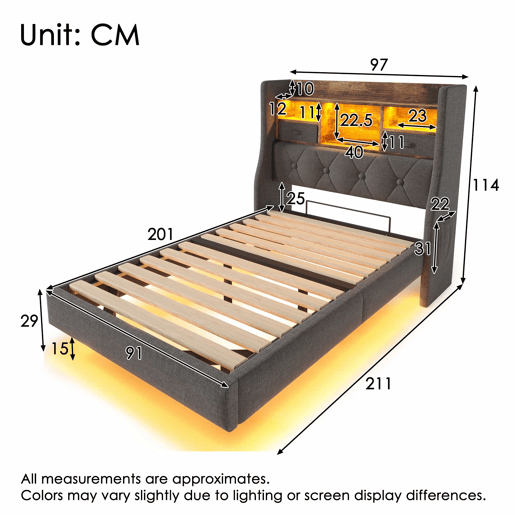 Cama Polsterbett 90x200 cm - Cama suspensa com LED, cabeceira e estação de carregamento, cinza