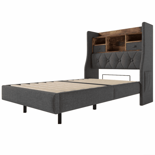 Cama Polsterbett 90x200 cm - Cama suspensa com LED, cabeceira e estação de carregamento, cinza