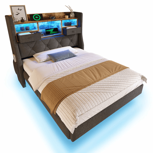 Cama Polsterbett 90x200 cm - Cama suspensa com LED, cabeceira e estação de carregamento, cinza