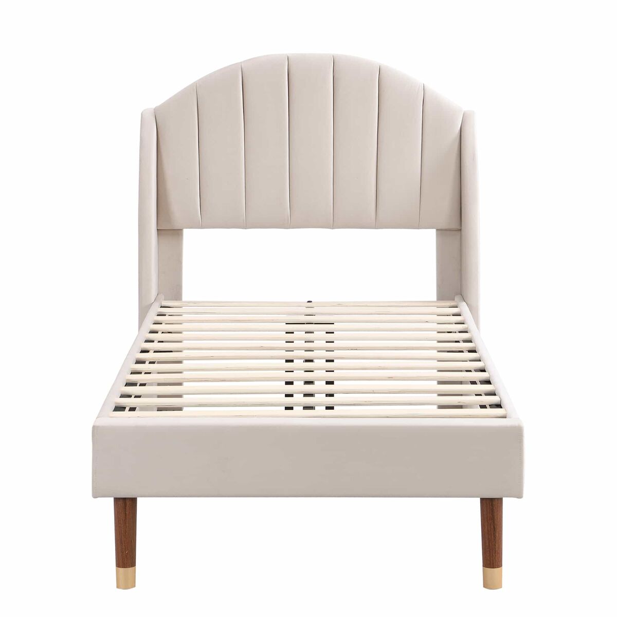 Cama tapizada 90x200 cm - con somier de lamas y cabecero, cama juvenil, fácil montaje, terciopelo, beige