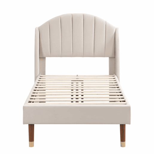 Cama estofada 90x200 cm - Com base de ripas e cabeceira, cama juvenil, fácil montagem, veludo, bege
