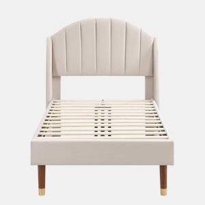 Cama estofada 90x200 cm - Com base de ripas e cabeceira, cama juvenil, fácil montagem, veludo, bege