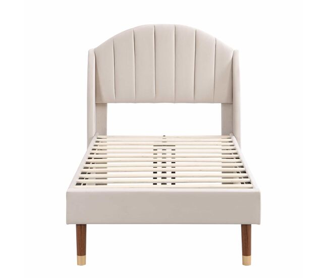 Cama tapizada 90x200 cm - con somier de lamas y cabecero, cama juvenil, fácil montaje, terciopelo, beige