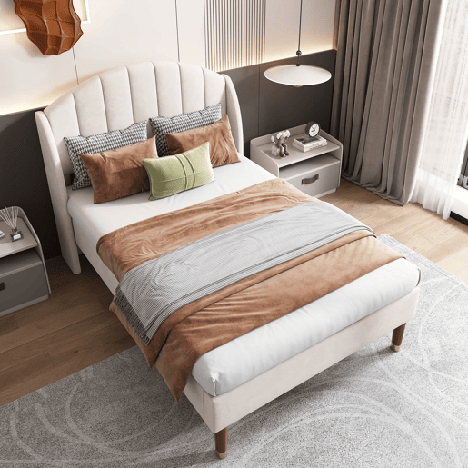 Cama estofada 90x200 cm - Com base de ripas e cabeceira, cama juvenil, fácil montagem, veludo, bege