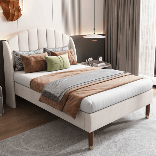 Cama estofada 90x200 cm - Com base de ripas e cabeceira, cama juvenil, fácil montagem, veludo, bege