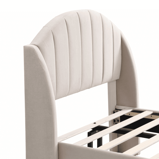 Cama estofada 90x200 cm - Com base de ripas e cabeceira, cama juvenil, fácil montagem, veludo, bege