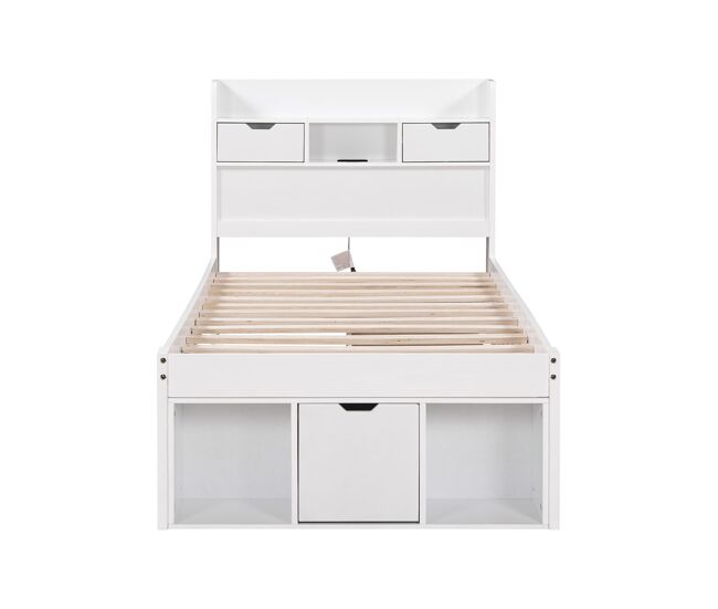 Cama individual 90x190 cm - con usb, cajón y gran almacenamiento - blanco