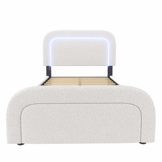 Cama individual 90x200cm - Cabeceira ajustável, Carregamento USB Tipo C, 2 gavetas, Iluminação LED, Estrutura em madeira - Branco Sherpa