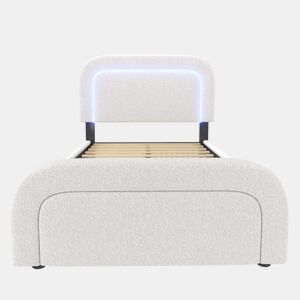 Cama individual 90x200cm - Cabeceira ajustável, Carregamento USB Tipo C, 2 gavetas, Iluminação LED, Estrutura em madeira - Branco Sherpa