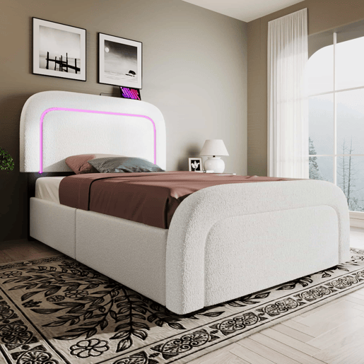 Cama individual 90x200cm - Cabeceira ajustável, Carregamento USB Tipo C, 2 gavetas, Iluminação LED, Estrutura em madeira - Branco Sherpa