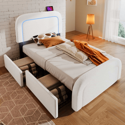 Cama individual 90x200cm - Cabeceira ajustável, Carregamento USB Tipo C, 2 gavetas, Iluminação LED, Estrutura em madeira - Branco Sherpa