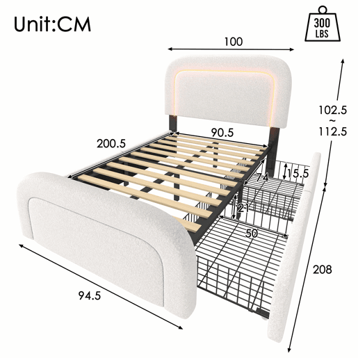Cama individual 90x200cm - Cabeceira ajustável, Carregamento USB Tipo C, 2 gavetas, Iluminação LED, Estrutura em madeira - Branco Sherpa