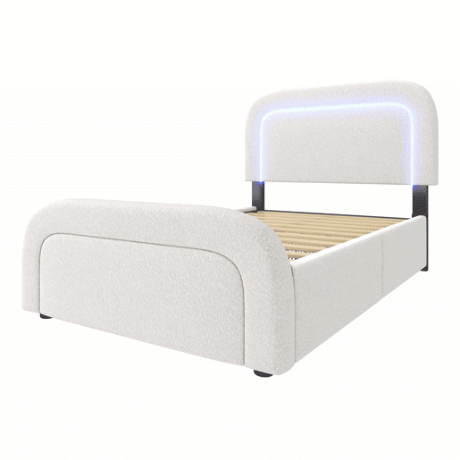 Cama individual 90x200cm - Cabeceira ajustável, Carregamento USB Tipo C, 2 gavetas, Iluminação LED, Estrutura em madeira - Branco Sherpa