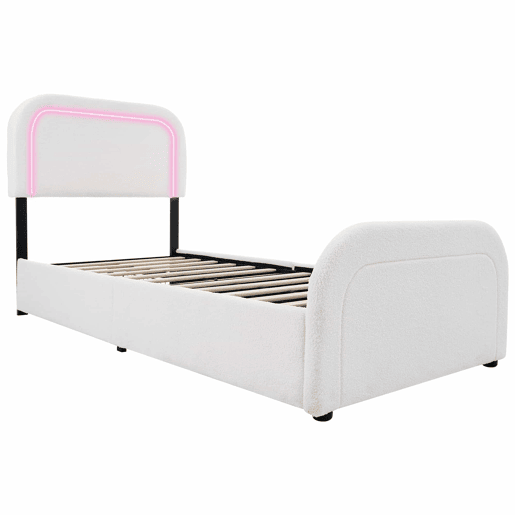 Cama individual 90x200cm - Cabeceira ajustável, Carregamento USB Tipo C, 2 gavetas, Iluminação LED, Estrutura em madeira - Branco Sherpa