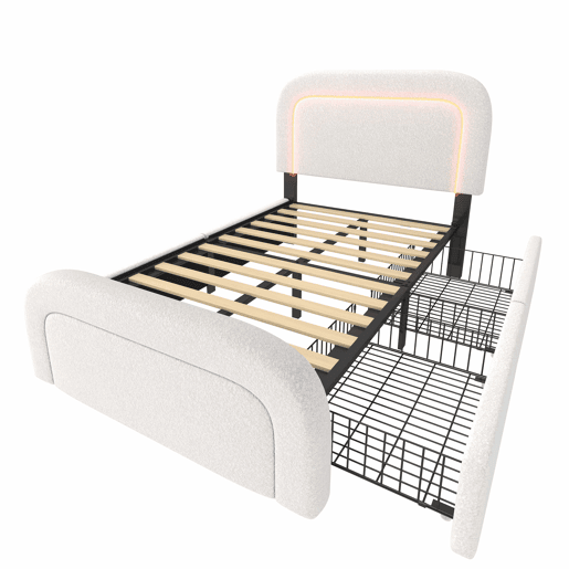 Cama individual 90x200cm - Cabeceira ajustável, Carregamento USB Tipo C, 2 gavetas, Iluminação LED, Estrutura em madeira - Branco Sherpa