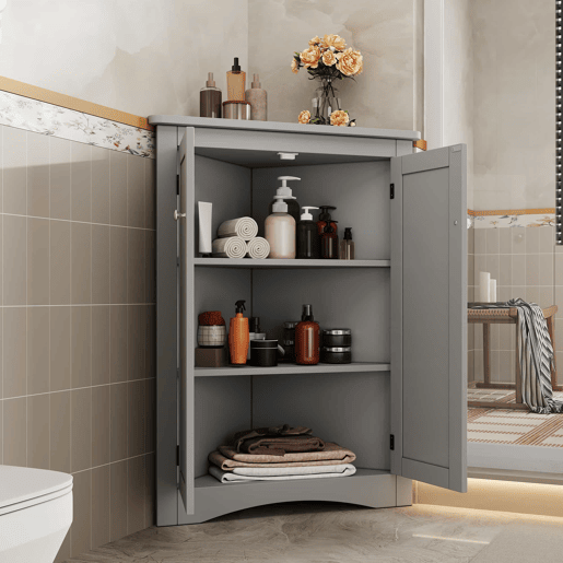 Armário de canto para casa de banho 61,5 x 80 cm - 2 portas triangulares, 3 prateleiras, MDF de alta qualidade com acabamento lacado, design economizador de espaço para casa de banho, cozinha e sala de estar - Cinza