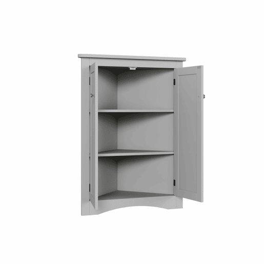 Armário de canto para casa de banho 61,5 x 80 cm - 2 portas triangulares, 3 prateleiras, MDF de alta qualidade com acabamento lacado, design economizador de espaço para casa de banho, cozinha e sala de estar - Cinza