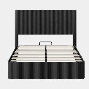 Cama moderna 140x200 cm - Sistema de elevação hidráulico, amplo espaço de arrumação, ripas de madeira maciça - Preto