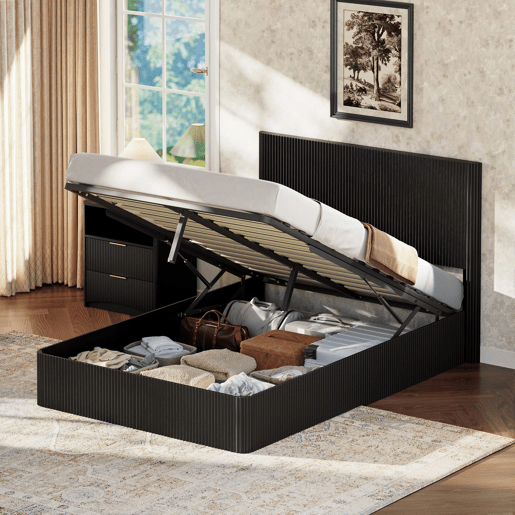 Cama moderna 140x200 cm - Sistema de elevação hidráulico, amplo espaço de arrumação, ripas de madeira maciça - Preto