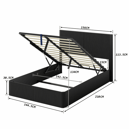 Cama moderna 140x200 cm - Sistema de elevação hidráulico, amplo espaço de arrumação, ripas de madeira maciça - Preto