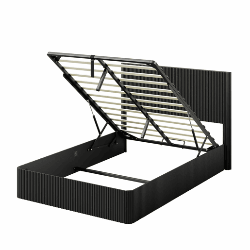 Cama moderna 140x200 cm - Sistema de elevação hidráulico, amplo espaço de arrumação, ripas de madeira maciça - Preto