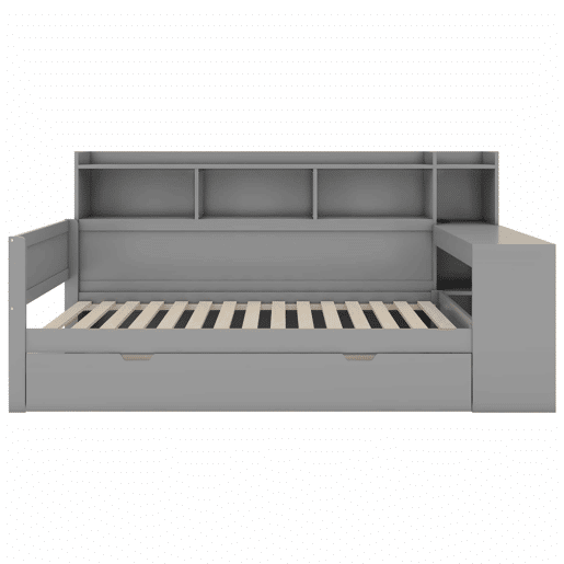 Sofá-cama 90x200 cm - secretária com tomada USB - 2 gavetas e prateleiras - Cinzento (colchão não incluído) Sofá-cama 90x200 cm - secretária com tomada USB - 2 gavetas e prateleiras - Cinzento (colchão não incluído)