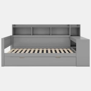 Sofá-cama 90x200 cm - secretária com tomada USB - 2 gavetas e prateleiras - Cinzento (colchão não incluído)