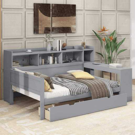 Sofá-cama 90x200 cm - secretária com tomada USB - 2 gavetas e prateleiras - Cinzento (colchão não incluído) Sofá-cama 90x200 cm - secretária com tomada USB - 2 gavetas e prateleiras - Cinzento (colchão não incluído)
