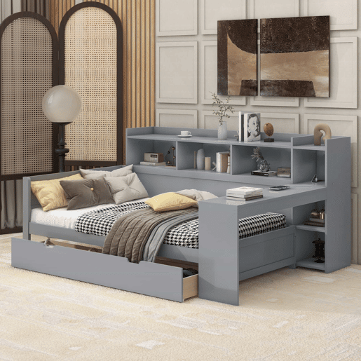 Sofá-cama 90x200 cm - secretária com tomada USB - 2 gavetas e prateleiras - Cinzento (colchão não incluído) Sofá-cama 90x200 cm - secretária com tomada USB - 2 gavetas e prateleiras - Cinzento (colchão não incluído)
