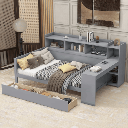 Sofá-cama 90x200 cm - secretária com tomada USB - 2 gavetas e prateleiras - Cinzento (colchão não incluído) Sofá-cama 90x200 cm - secretária com tomada USB - 2 gavetas e prateleiras - Cinzento (colchão não incluído)
