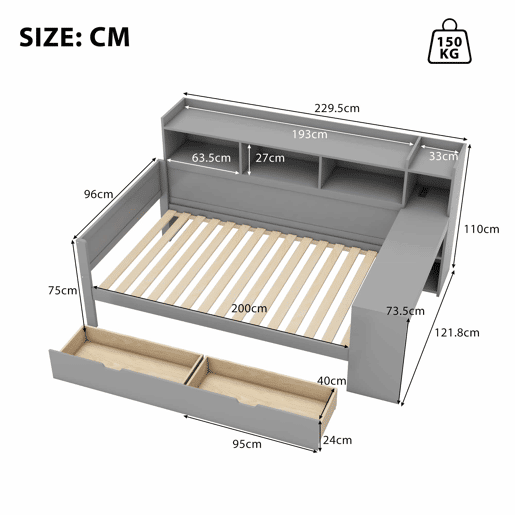 Sofá-cama 90x200 cm - secretária com tomada USB - 2 gavetas e prateleiras - Cinzento (colchão não incluído) Sofá-cama 90x200 cm - secretária com tomada USB - 2 gavetas e prateleiras - Cinzento (colchão não incluído)
