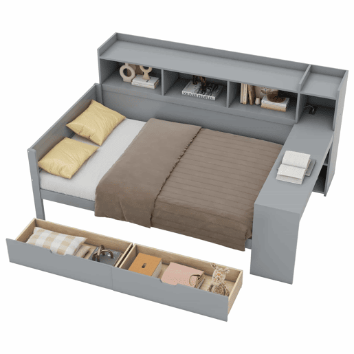 Sofá-cama 90x200 cm - secretária com tomada USB - 2 gavetas e prateleiras - Cinzento (colchão não incluído) Sofá-cama 90x200 cm - secretária com tomada USB - 2 gavetas e prateleiras - Cinzento (colchão não incluído)