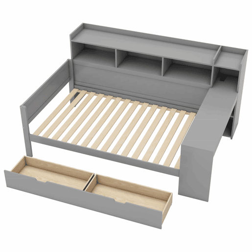 Sofá-cama 90x200 cm - secretária com tomada USB - 2 gavetas e prateleiras - Cinzento (colchão não incluído) Sofá-cama 90x200 cm - secretária com tomada USB - 2 gavetas e prateleiras - Cinzento (colchão não incluído)