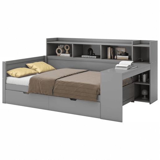 Sofá-cama 90x200 cm - secretária com tomada USB - 2 gavetas e prateleiras - Cinzento (colchão não incluído) Sofá-cama 90x200 cm - secretária com tomada USB - 2 gavetas e prateleiras - Cinzento (colchão não incluído)