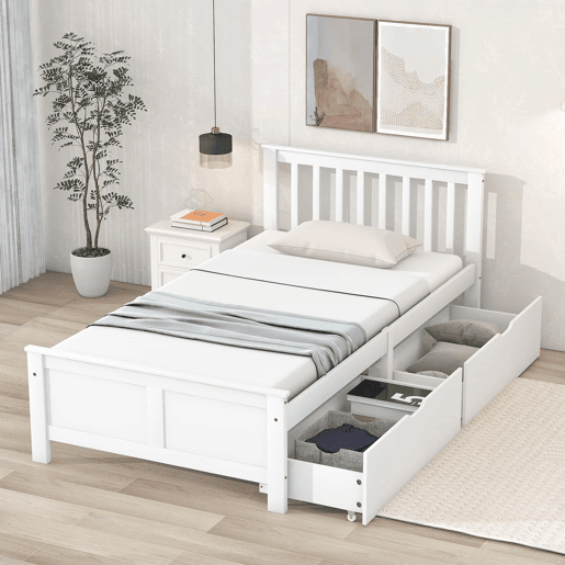 Cama de madeira 90x200cm - Cama individual, juvenil ou para adultos, com gavetas de arrumação - Branca Cama de madeira 90x200cm - Cama individual, juvenil ou para adultos, com gavetas de arrumação - Branca
