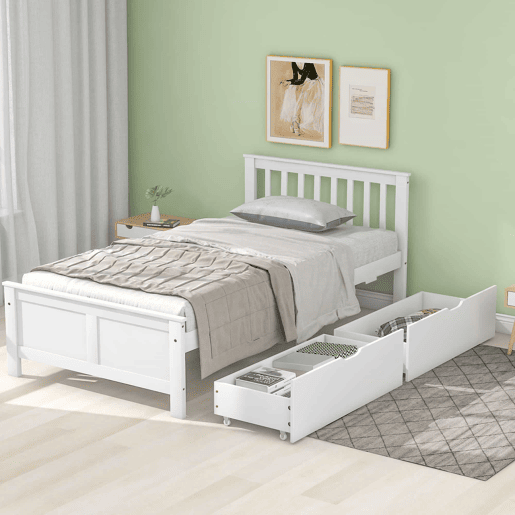 Cama de madeira 90x200cm - Cama individual, juvenil ou para adultos, com gavetas de arrumação - Branca Cama de madeira 90x200cm - Cama individual, juvenil ou para adultos, com gavetas de arrumação - Branca