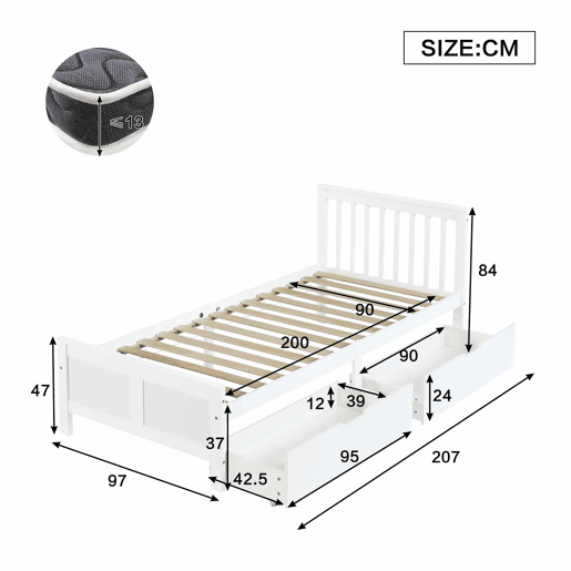 Cama de madeira 90x200cm - Cama individual, juvenil ou para adultos, com gavetas de arrumação - Branca Cama de madeira 90x200cm - Cama individual, juvenil ou para adultos, com gavetas de arrumação - Branca