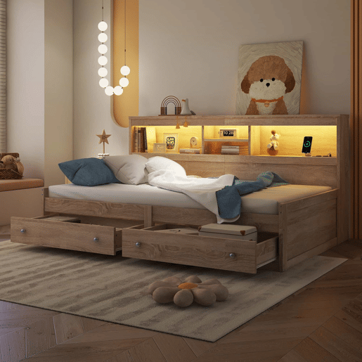 Sofá-cama 90x200 cm - com tomada USB e 2 gavetas - estrado de ripas - Natural