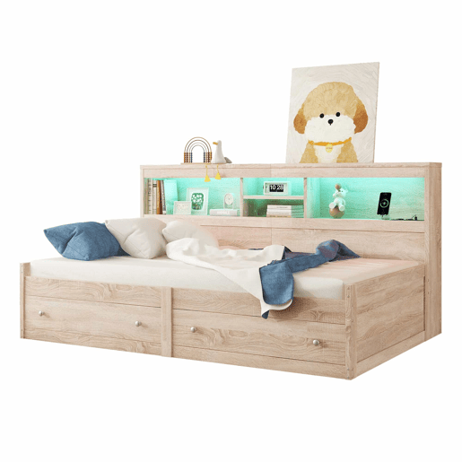 Sofá-cama 90x200 cm - com tomada USB e 2 gavetas - estrado de ripas - Natural