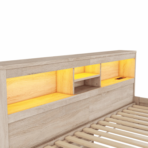 Sofá-cama 90x200 cm - com tomada USB e 2 gavetas - estrado de ripas - Natural