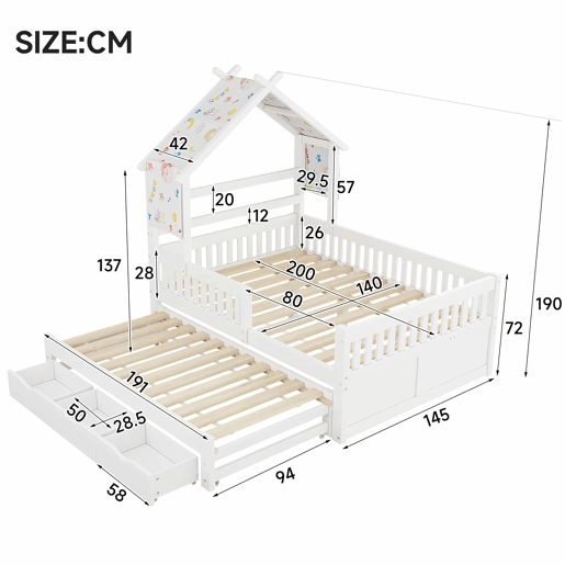 Cama de plataforma em madeira 140x200 cm - em forma de casinha com cama extra, 3 gavetas e grades de segurança - branca