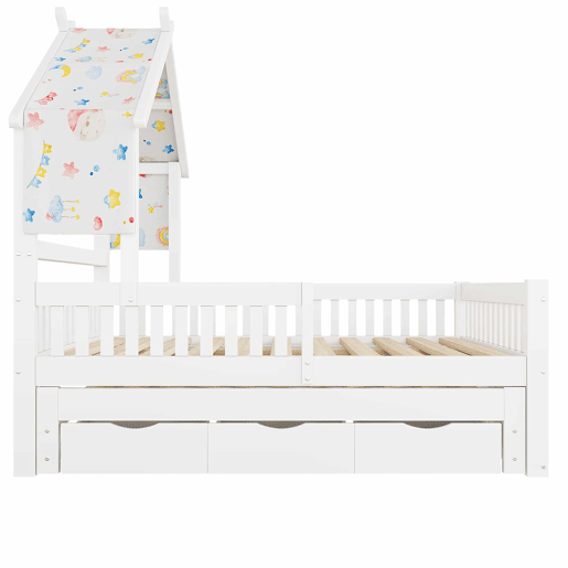 Cama de plataforma em madeira 140x200 cm - em forma de casinha com cama extra, 3 gavetas e grades de segurança - branca