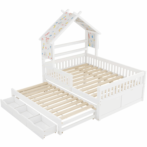 Cama de plataforma em madeira 140x200 cm - em forma de casinha com cama extra, 3 gavetas e grades de segurança - branca